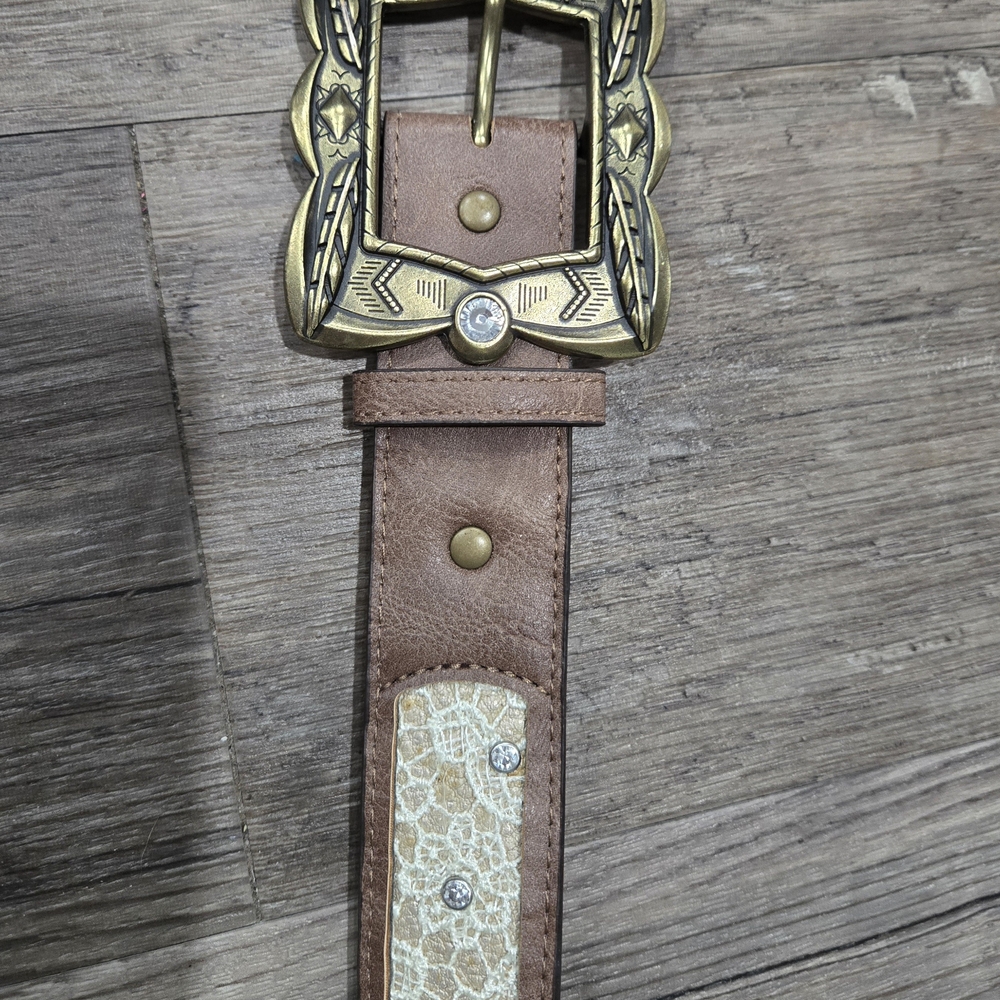 Brown and Gold Leather Belt with Vintage Ornate Buckle